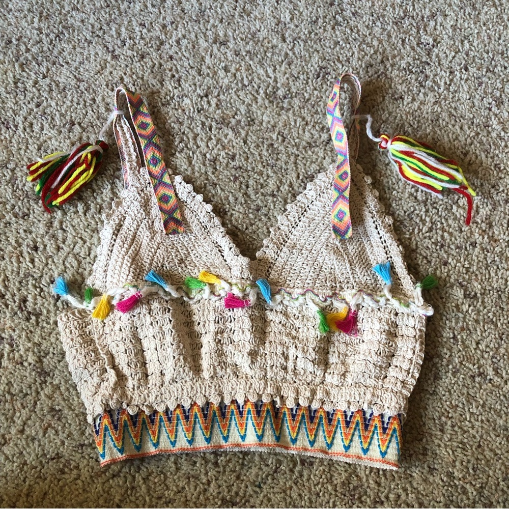 Women’s Sans Souci Colorful Beachy Summer Knit Cami Crop Top; Size Small